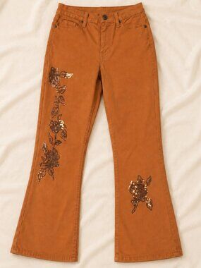 DG2 Women’s Petite 10 Cropped Bootcut Jeans Brown Floral Sequin Stretch